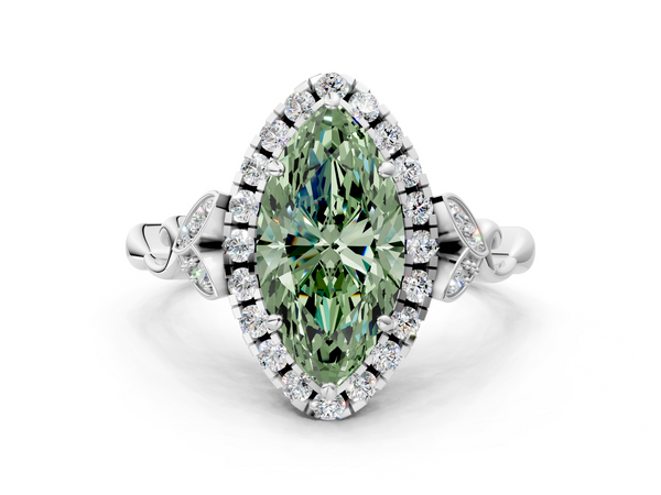 Platinum Fancy Green Marquise  Halo Diamond Engagement Ring with Vintage-Inspired Band and Four-Prong Setting
