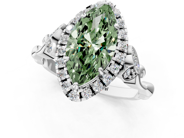 Platinum Fancy Green Marquise  Halo Diamond Engagement Ring with Vintage-Inspired Band and Four-Prong Setting