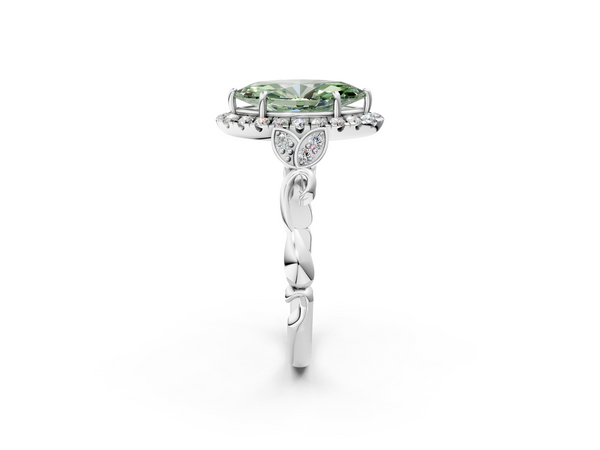 Platinum Fancy Green Marquise  Halo Diamond Engagement Ring with Vintage-Inspired Band and Four-Prong Setting