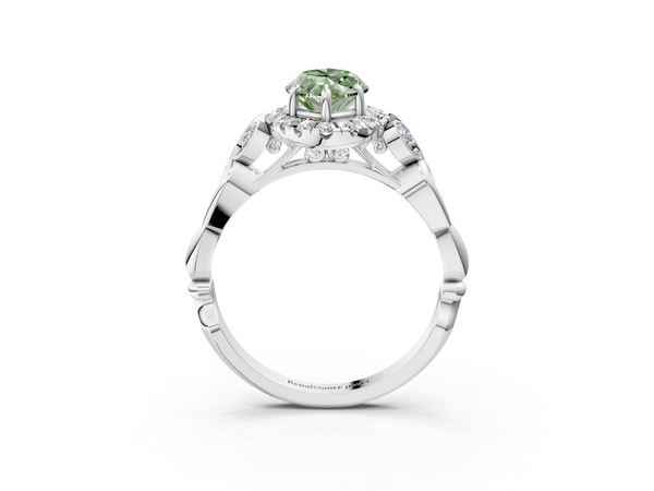 Platinum Fancy Green Marquise  Halo Diamond Engagement Ring with Vintage-Inspired Band and Four-Prong Setting