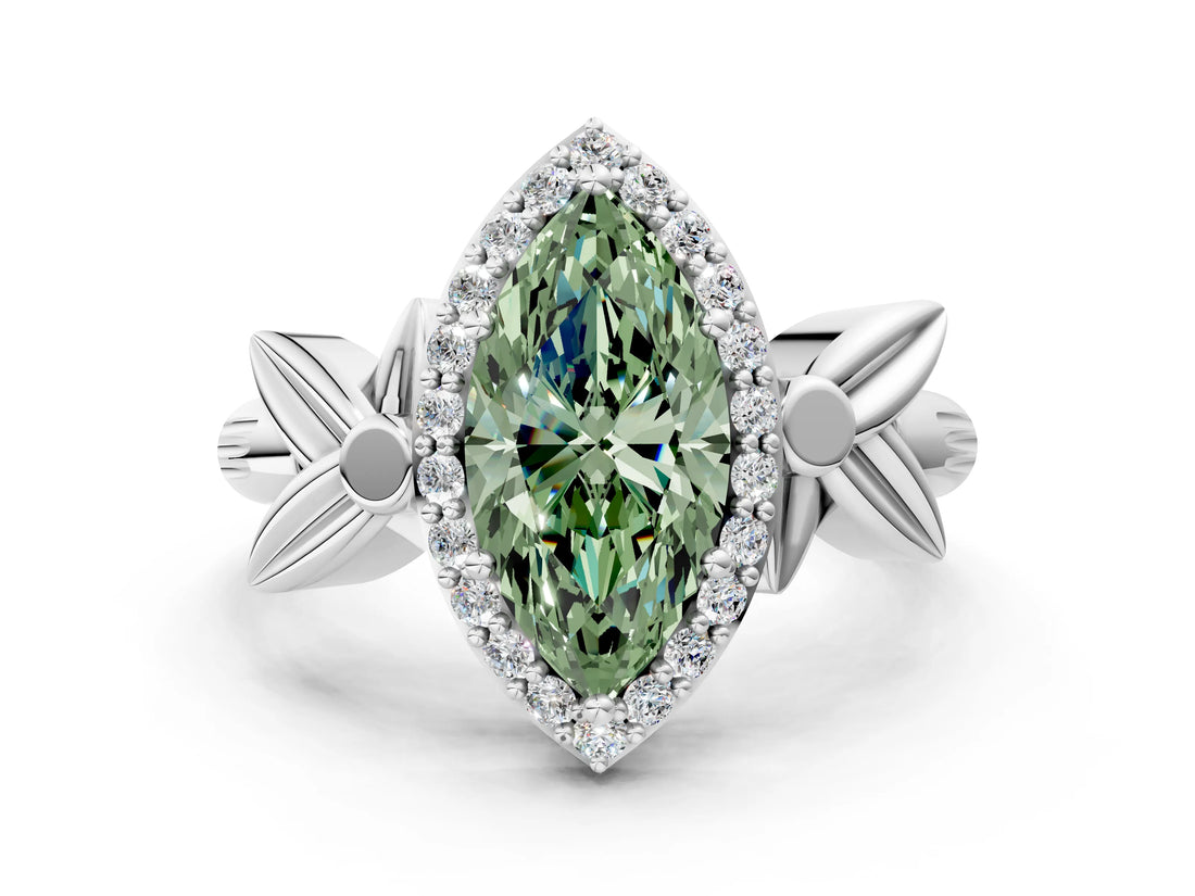 White gold Fancy Green Marquise  Halo Diamond Floral Band with Four-Prong Setting_89