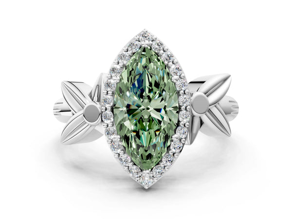 White gold Fancy Green Marquise  Halo Diamond Floral Band with Four-Prong Setting
