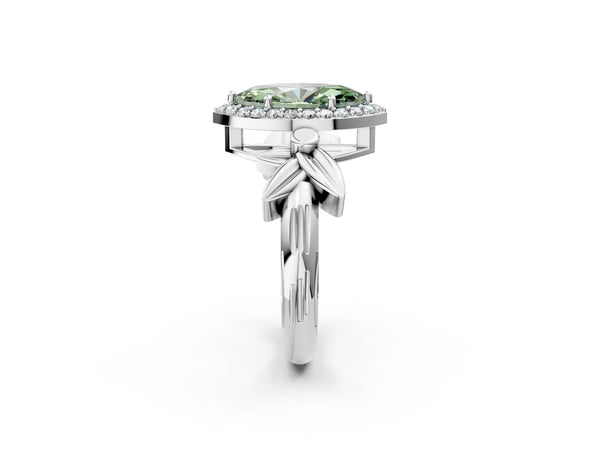 White gold Fancy Green Marquise  Halo Diamond Floral Band with Four-Prong Setting