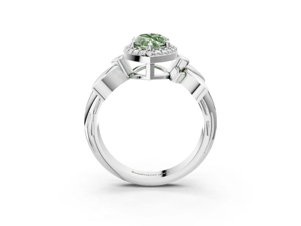 White gold Fancy Green Marquise  Halo Diamond Floral Band with Four-Prong Setting