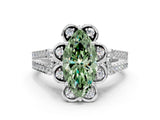 White gold Fancy Green Marquise  Halo Diamond Floral Split Shank Engagement Ring