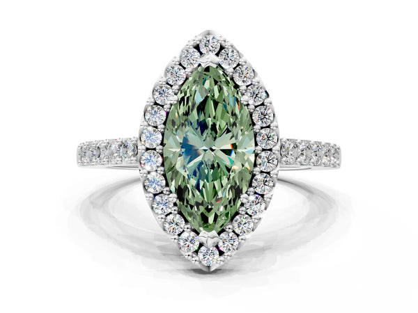 White gold Fancy Green Marquise  Halo Diamond Pavé Solitaire Ring