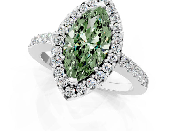 White gold Fancy Green Marquise  Halo Diamond Pavé Solitaire Ring