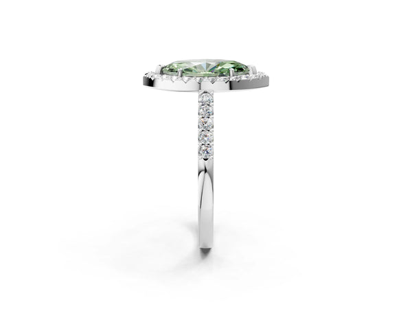 White gold Fancy Green Marquise  Halo Diamond Pavé Solitaire Ring