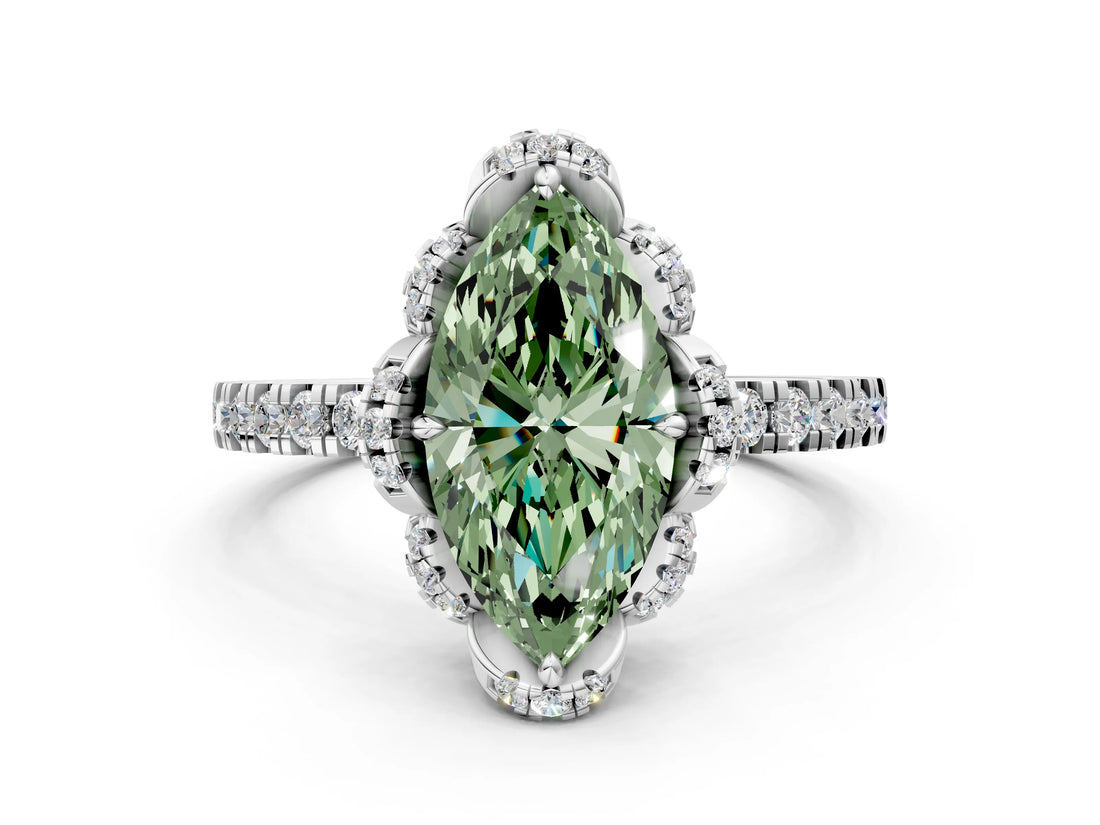 White gold Fancy Green Marquise  Halo Diamond Pave Band Ring with Four-Prong Setting_16