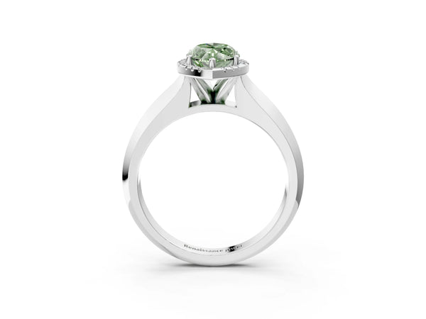 Platinum Fancy Green Marquise  Halo Diamond Ring with Cathedral Band and Four-Prong Setting