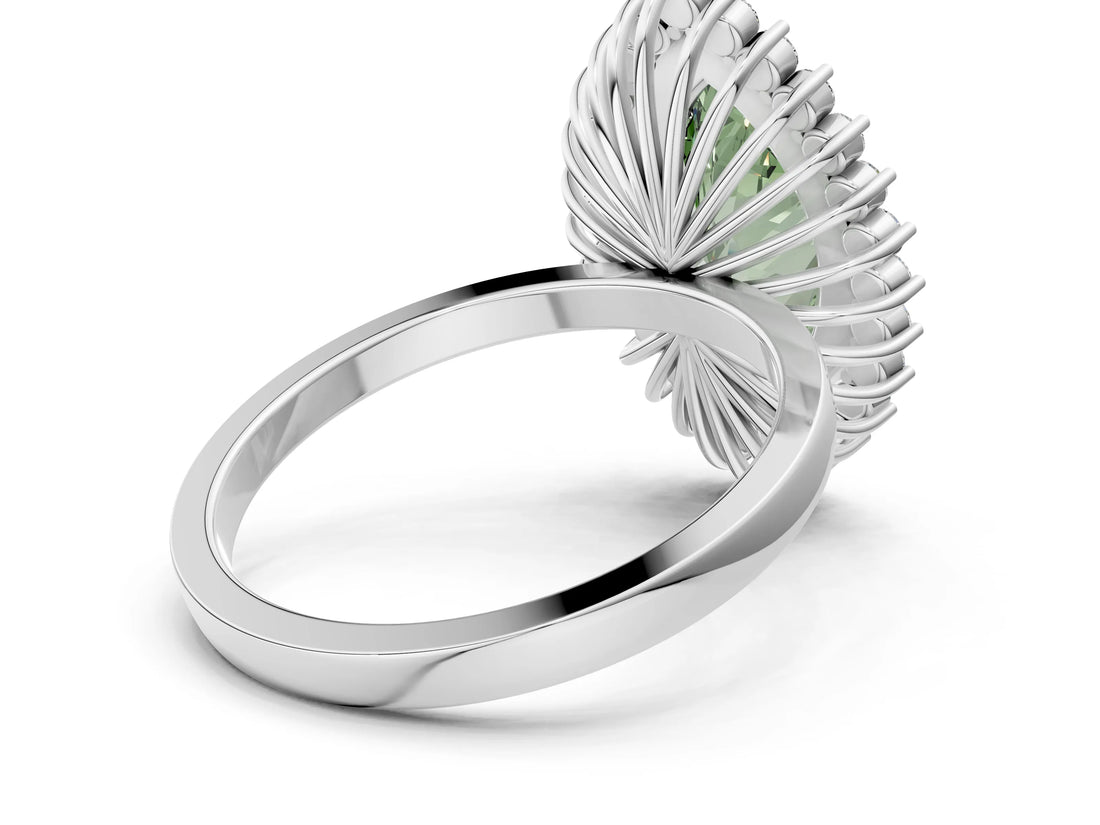 White gold Fancy Green Marquise  Halo Diamond Ring with Milgrain Edge and Round Prong Setting_187