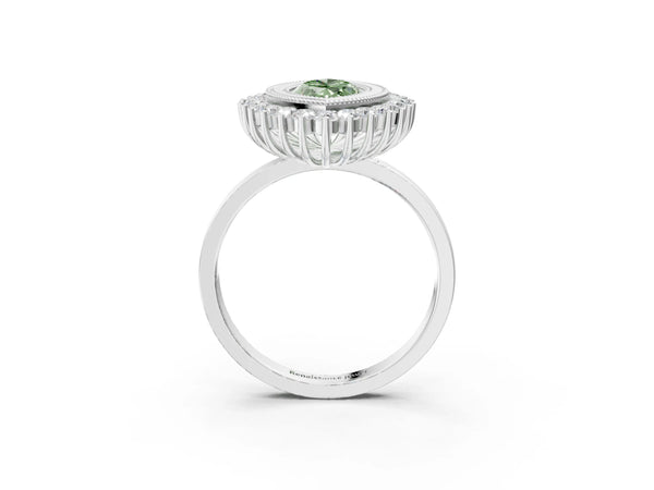 Platinum Fancy Green Marquise  Halo Diamond Ring with Milgrain Edge and Round Prong Setting