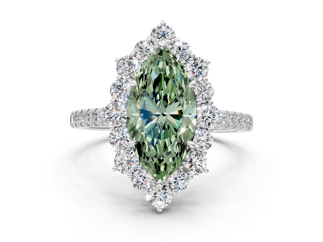 White gold Fancy Green Marquise  Halo Diamond Ring with Pavé Band and Prong Setting_37