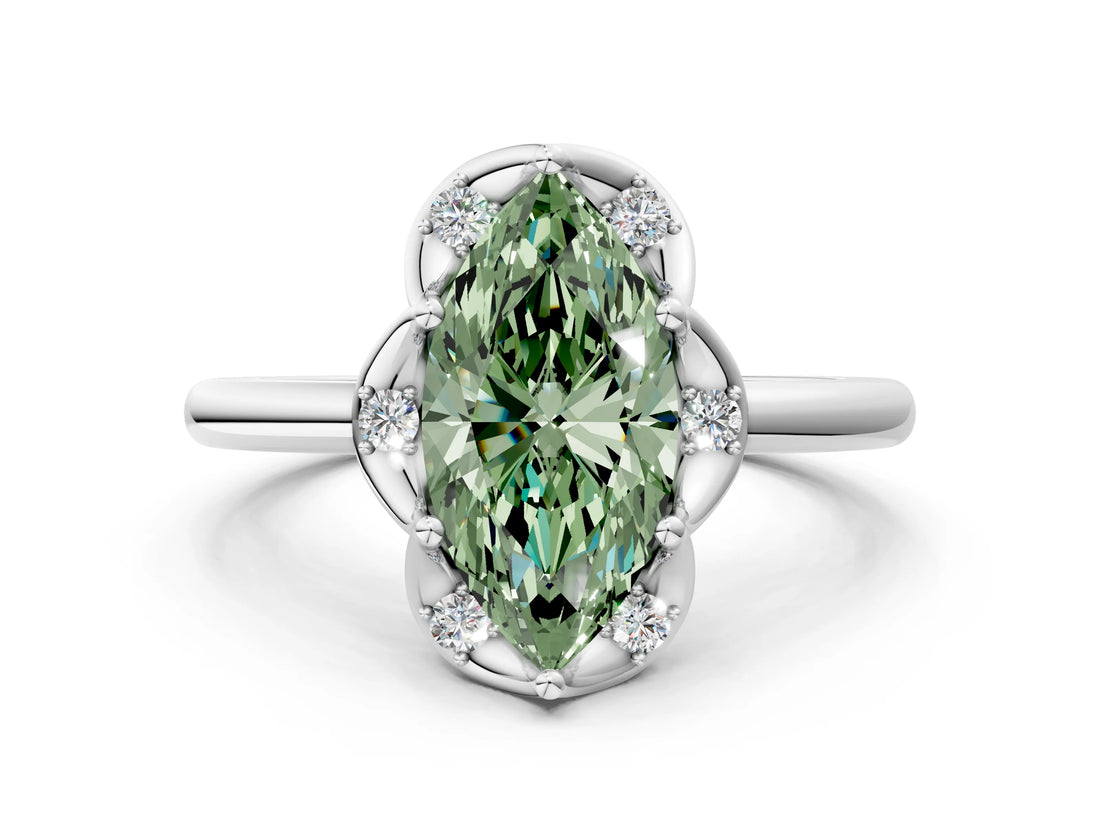White gold Fancy Green Marquise  Halo Diamond Ring with Round Cluster Setting, Solitaire Band, and Four-Prong Setting_89