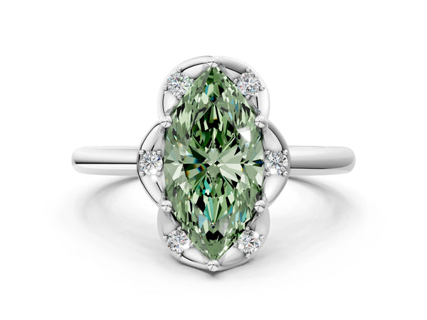 Platinum Fancy Green Marquise  Halo Diamond Ring with Round Cluster Setting, Solitaire Band, and Four-Prong Setting