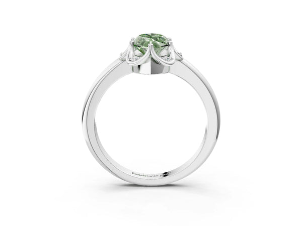 Platinum Fancy Green Marquise  Halo Diamond Ring with Round Cluster Setting, Solitaire Band, and Four-Prong Setting