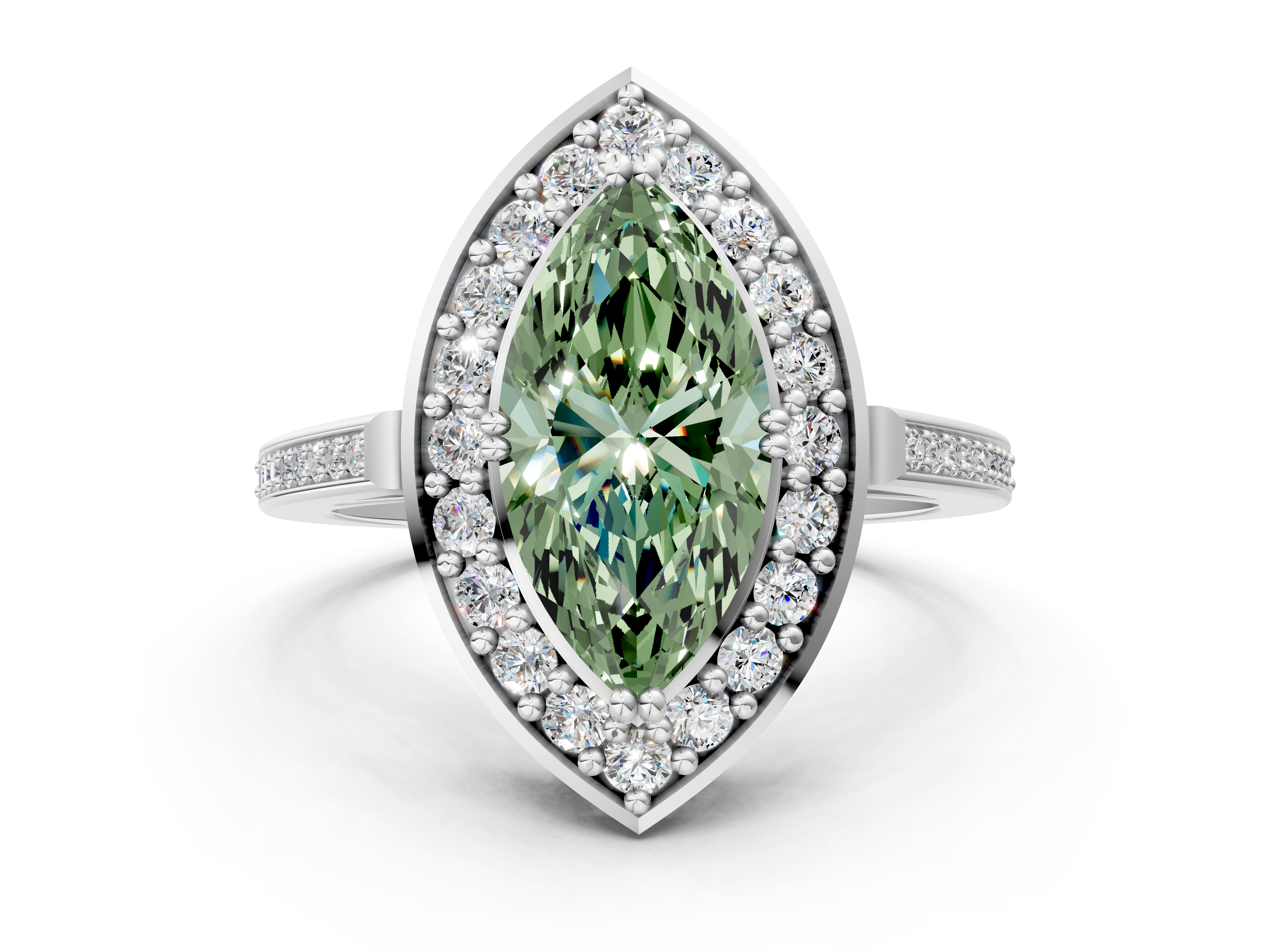 White gold Fancy Green Marquise  Halo Diamond Ring with Split Shank and Four-Prong Setting_36