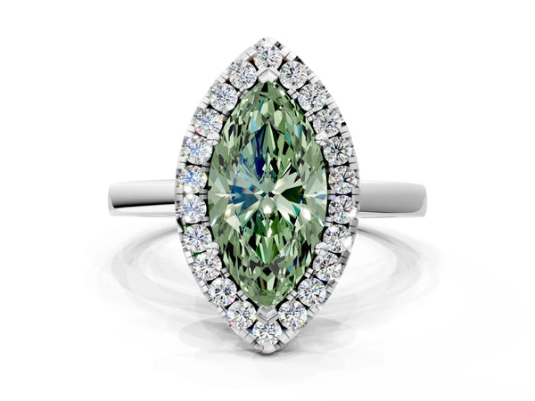 White gold Fancy Green Marquise  Halo Diamond Solitaire with Pavé Band and Four-Prong Setting