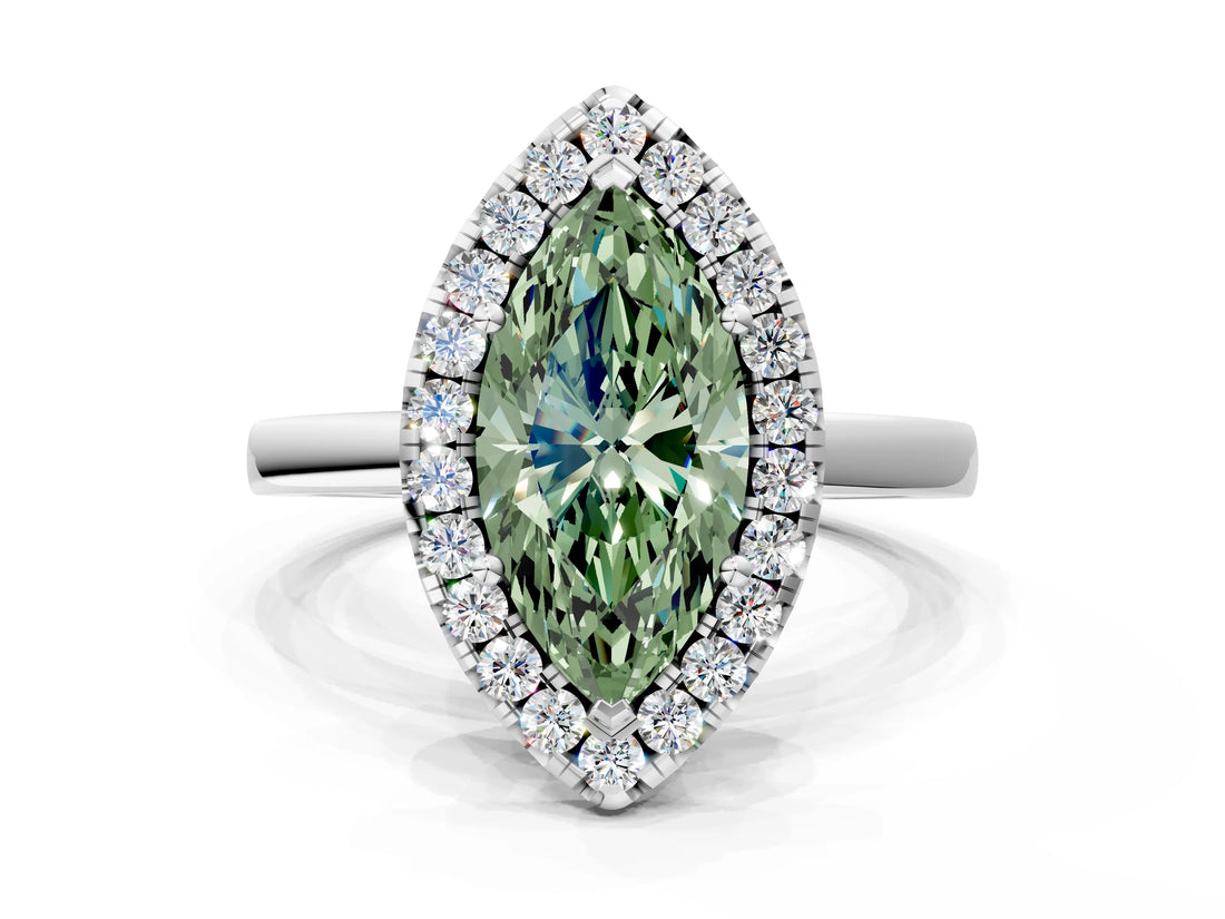 White gold Fancy Green Marquise  Halo Diamond Solitaire with Pavé Band and Four-Prong Setting_155