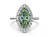 White gold Fancy Green Marquise  Halo Diamond Solitaire with Pavé Band and Four-Prong Setting_155