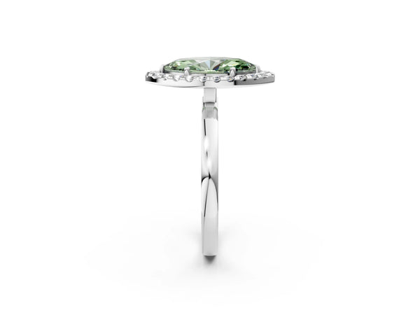 White gold Fancy Green Marquise  Halo Diamond Solitaire with Pavé Band and Four-Prong Setting