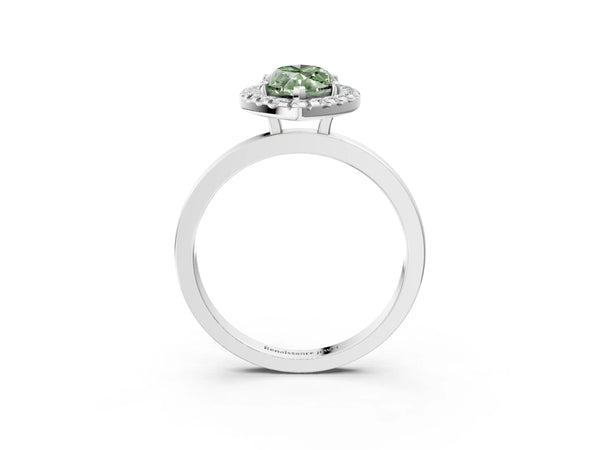White gold Fancy Green Marquise  Halo Diamond Solitaire with Pavé Band and Four-Prong Setting