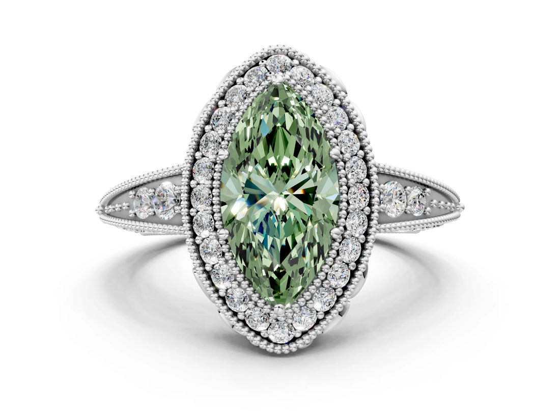 White gold Fancy Green Marquise  Halo Diamond Split Shank Ring with Milgrain Detail_61