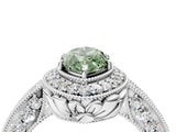White gold Fancy Green Marquise  Halo Diamond Split Shank Ring with Milgrain Detail_77