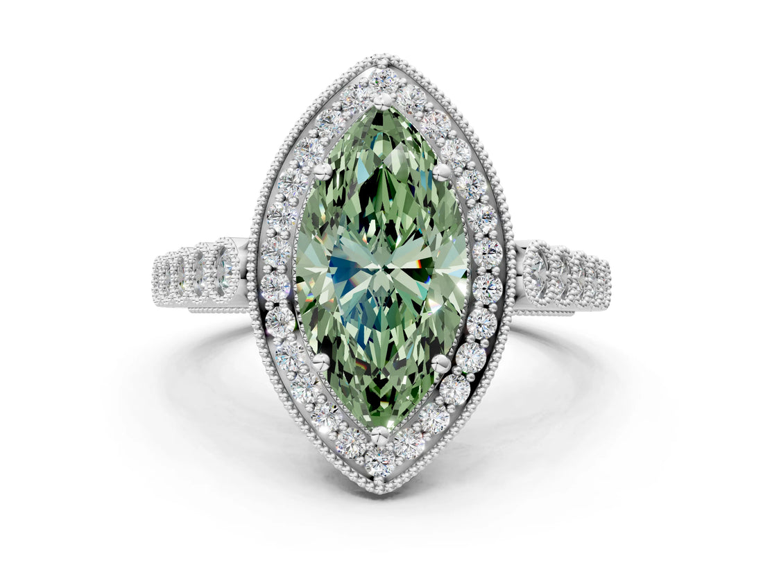 White gold Fancy Green Marquise  Halo Milgrain Solitaire with Bezel Set Side Stones and Pave Band_32