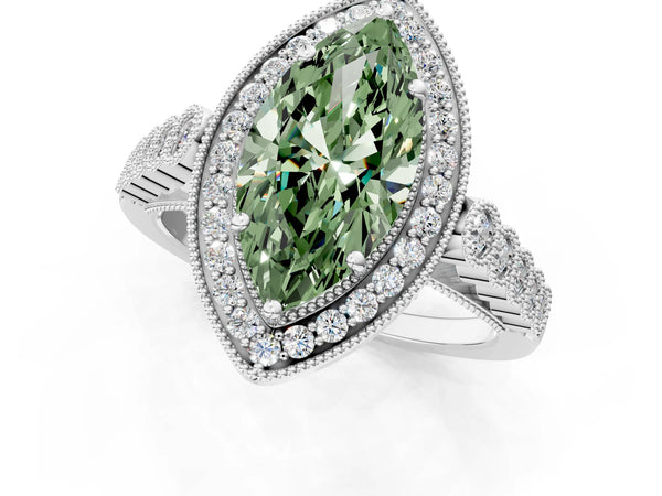White gold Fancy Green Marquise  Halo Milgrain Solitaire with Bezel Set Side Stones and Pave Band