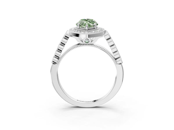 White gold Fancy Green Marquise  Halo Milgrain Solitaire with Bezel Set Side Stones and Pave Band
