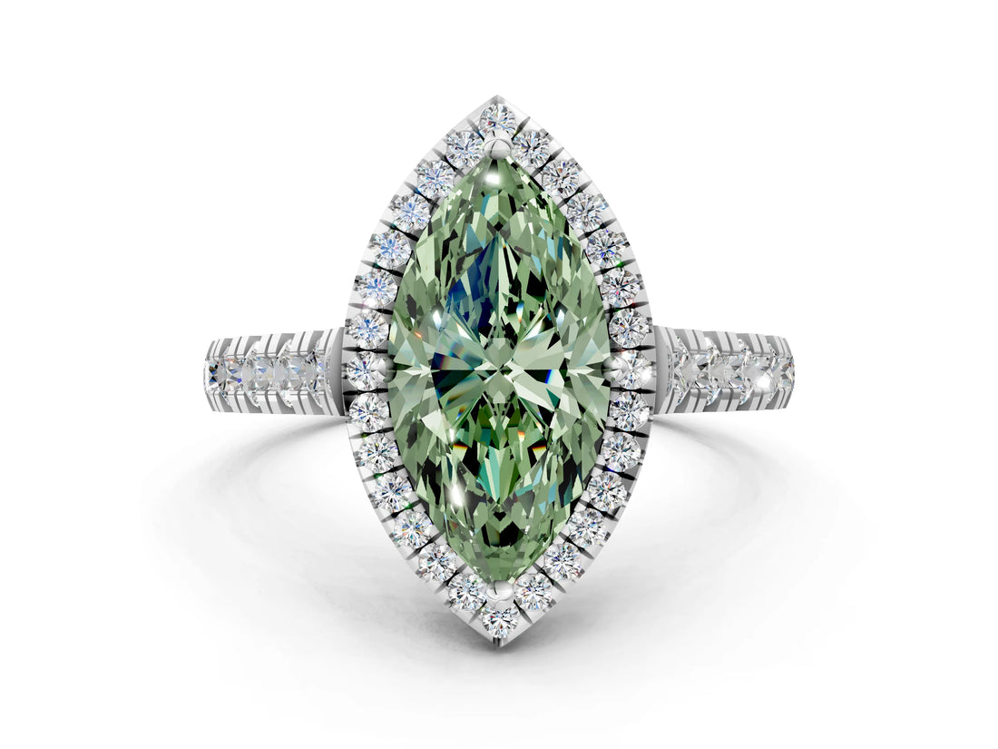 White gold Fancy Green Marquise  Halo Pavé Diamond Engagement Ring with Four-Prong Setting_26