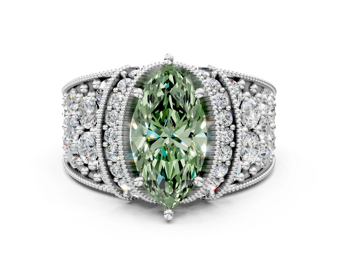 White gold Fancy Green Marquise  Halo Pave Diamond Engagement Ring with Milgrain Detailing_49