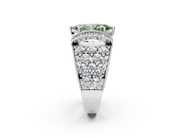 White gold Fancy Green Marquise  Halo Pave Diamond Engagement Ring with Milgrain Detailing