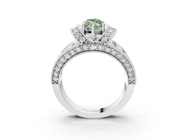 White gold Fancy Green Marquise  Halo Pave Diamond Engagement Ring with Milgrain Detailing