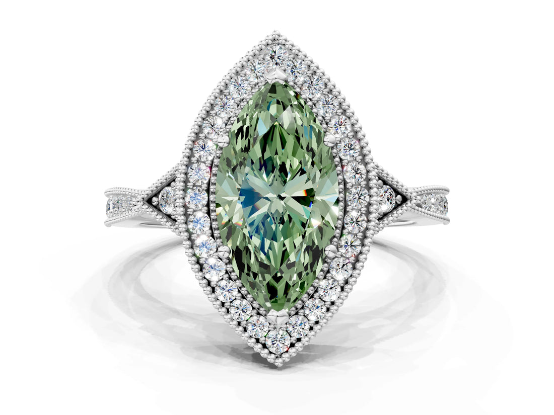White gold Fancy Green Marquise  Halo Round Diamond Milgrain Pave Engagement Ring_3