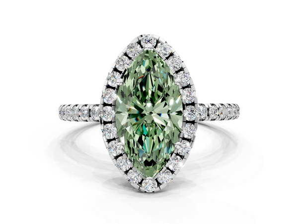 Platinum Fancy Green Marquise  Halo Round Diamond Pavé Band Four-Prong Ring