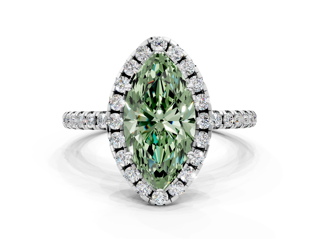 White gold Fancy Green Marquise  Halo Round Diamond Pavé Band Four-Prong Ring_3