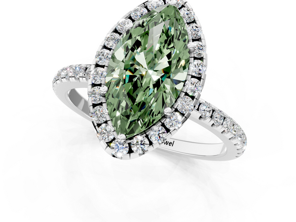 Platinum Fancy Green Marquise  Halo Round Diamond Pavé Band Four-Prong Ring