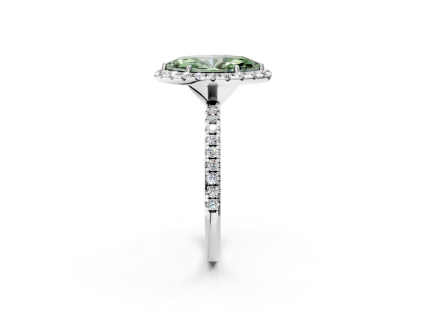 Platinum Fancy Green Marquise  Halo Round Diamond Pavé Band Four-Prong Ring