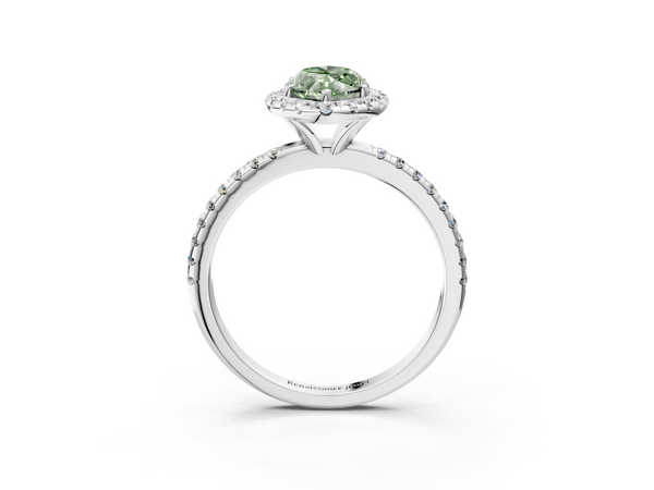 Platinum Fancy Green Marquise  Halo Round Diamond Pavé Band Four-Prong Ring