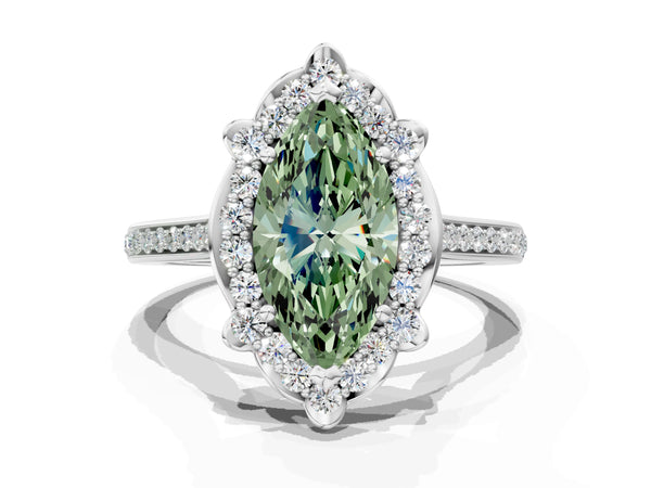 White gold Fancy Green Marquise  Halo Round Diamond Pave Band with Four-Prong Setting