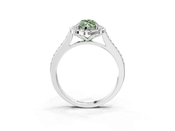 White gold Fancy Green Marquise  Halo Round Diamond Pave Band with Four-Prong Setting