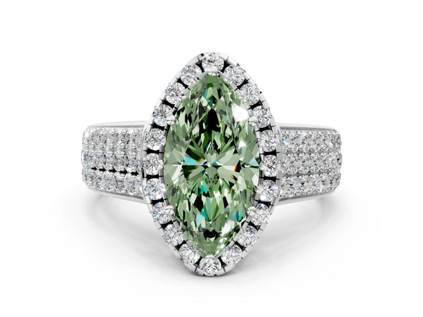 Platinum Fancy Green Marquise  Halo Round Diamond Pave Band with Prong Setting