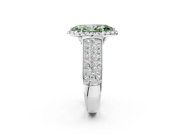 Platinum Fancy Green Marquise  Halo Round Diamond Pave Band with Prong Setting