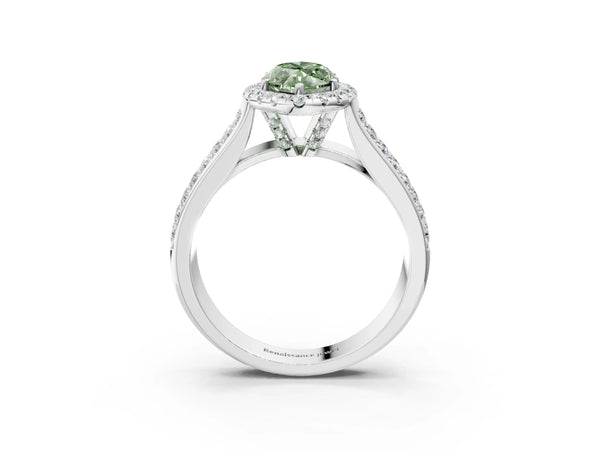 Platinum Fancy Green Marquise  Halo Round Diamond Pave Band with Prong Setting