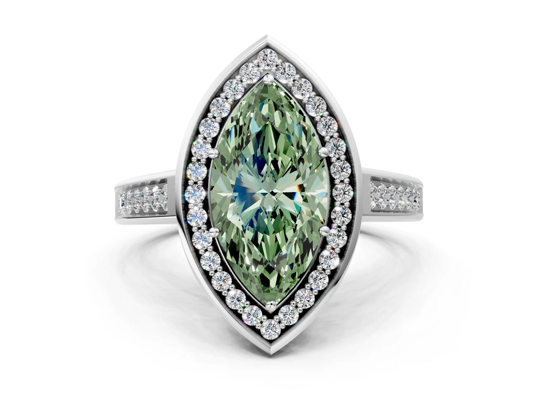White gold Fancy Green Marquise  Halo Solitaire Diamond Ring with Pave Band and Bezel Setting_49