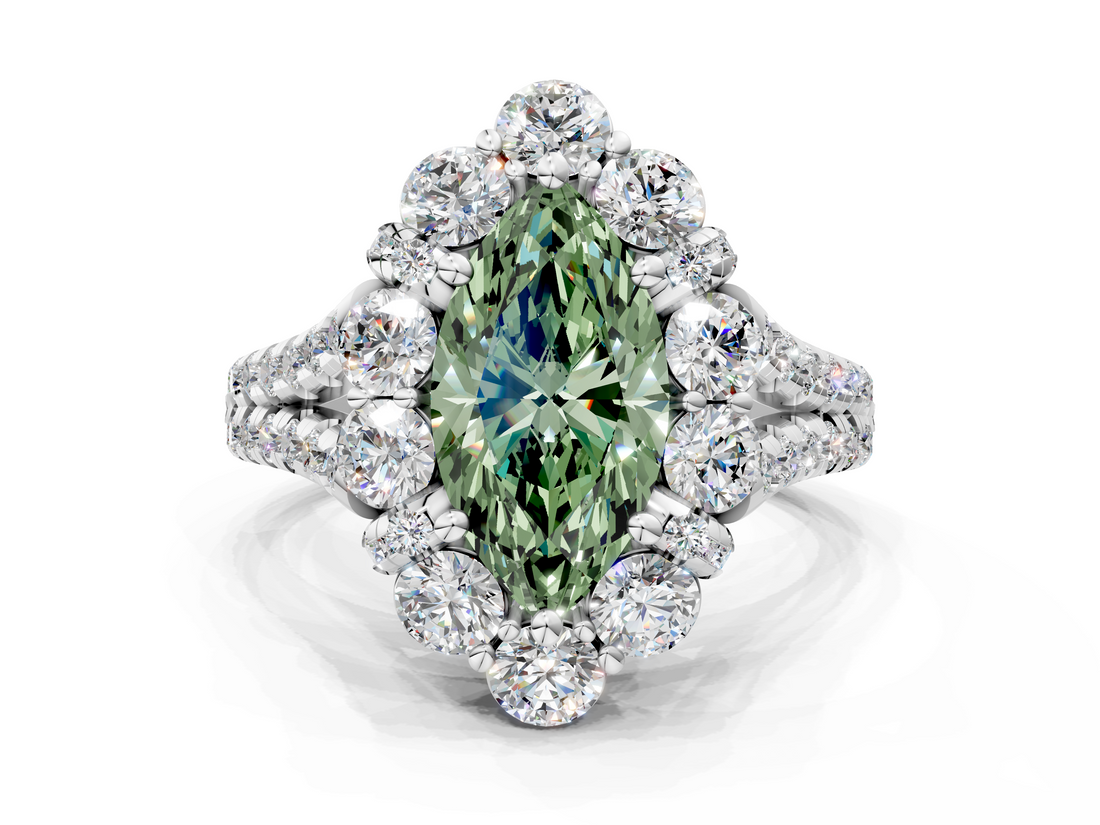 White gold Fancy Green Marquise  Halo Split Shank Diamond Engagement Ring with Pave Band and Four-Prong Setting_52