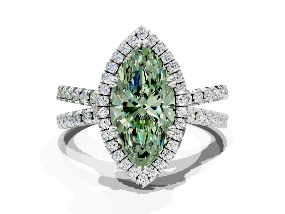 White gold Fancy Green Marquise  Halo Split Shank Diamond Ring with Pavé Setting_38
