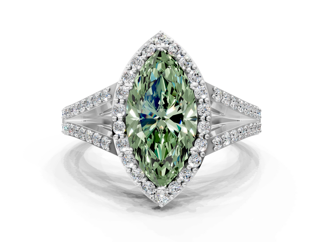 White gold Fancy Green Marquise  Halo Split Shank Diamond Ring with Prong Setting_19